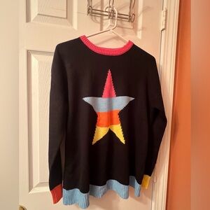 SHEIN Black Crewneck Sweater with Multicolor Star and Colorblock Trim